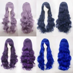 Women Wavy Sweet 80cm Long Purple And Blue Lolita Fashion Wigs With Bangs