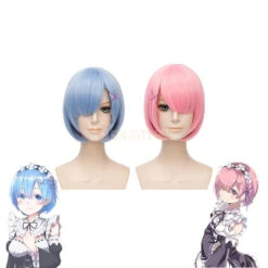 Anime Re:Zero Starting Life In Another World Rem And Ram Short Blue Pink Cosplay Wigs